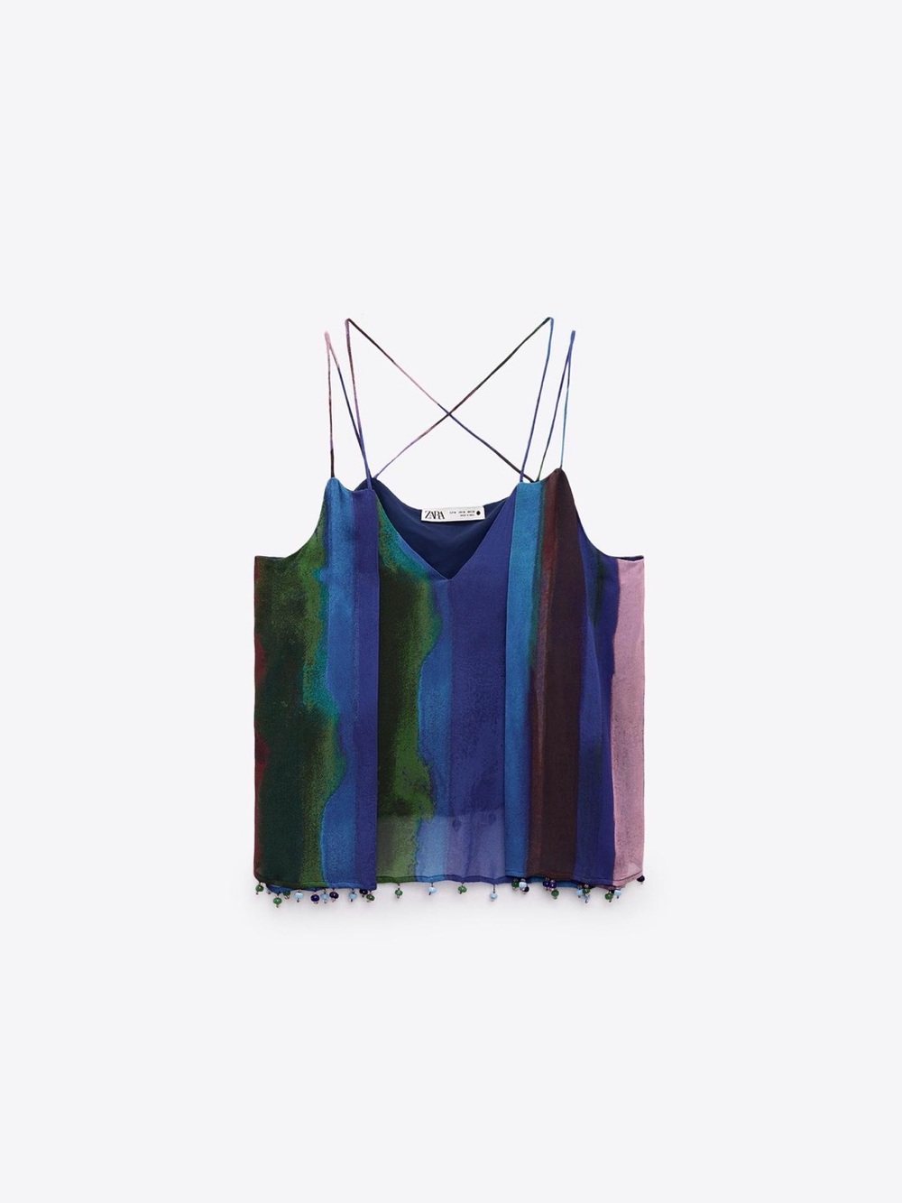 Zara Blue Green Purple Multicolor Striped Beaded-Hem Cami and Matching Skirt